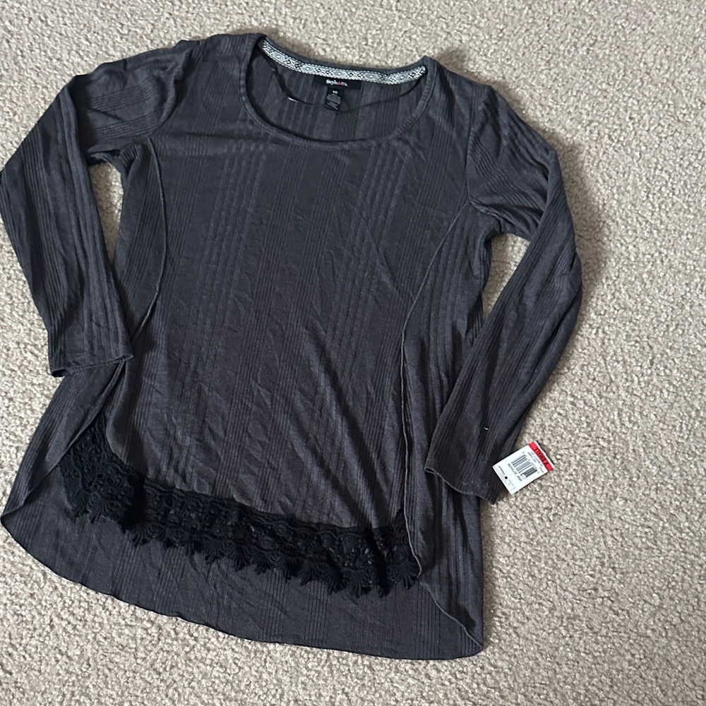 Style & Co. Charcoal Long Sleeve Top with Black Lace